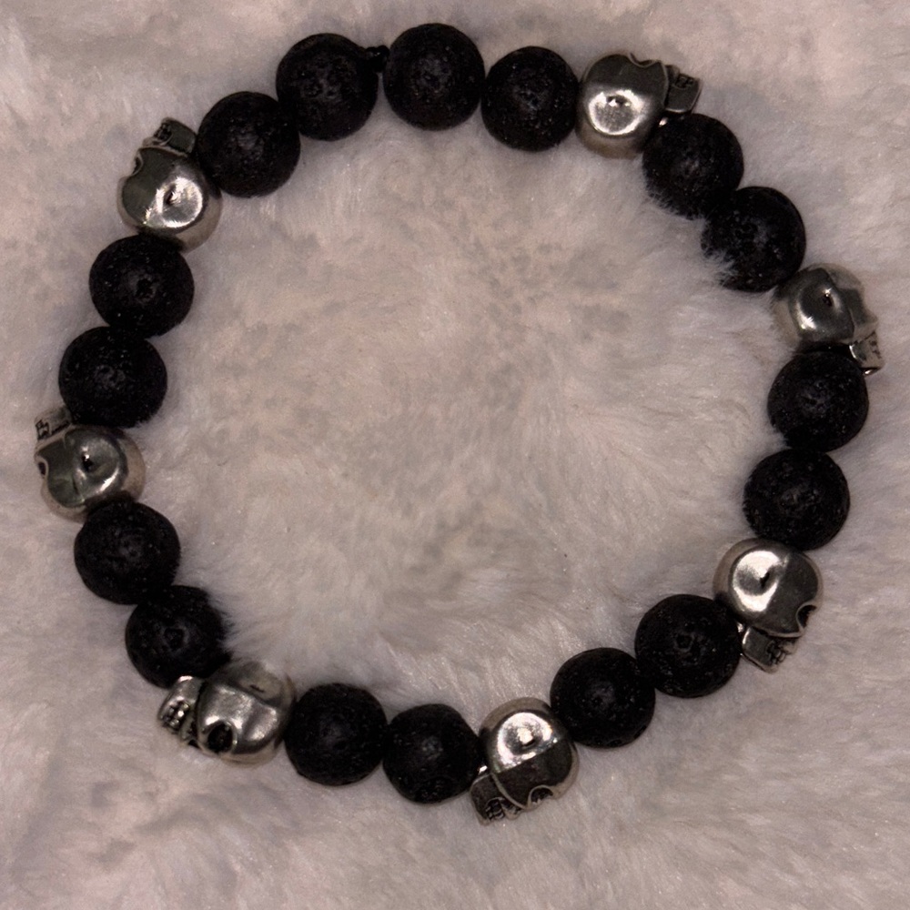 Black Lava Bead Skull Stretch Bracelet - Unbranded